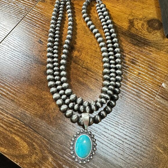 Navajo Turquoise Beaded Necklace 18 Inch 3‎ Strand Design, Boho Cowgirl Style, S - Picture 6 of 11